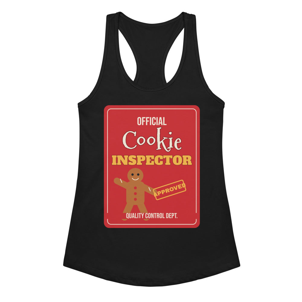 Women's Cookie Inspector Racerback Tank in black, design printed on the front, front view