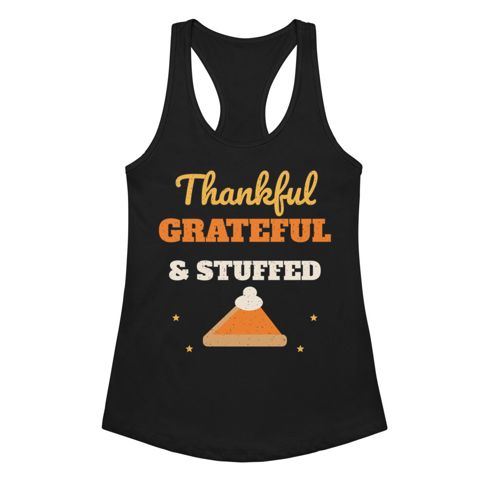 Women's Thankful, Grateful & Stuffed Racerback Tank in black, design printed on the front, front view
