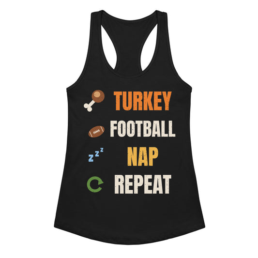 Women's Turkey Football Nap Repeat Racerback Tank in black, design printed on the front, front view