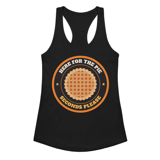Women's Here for the Pie Racerback Tank in black, design printed on the front, front view