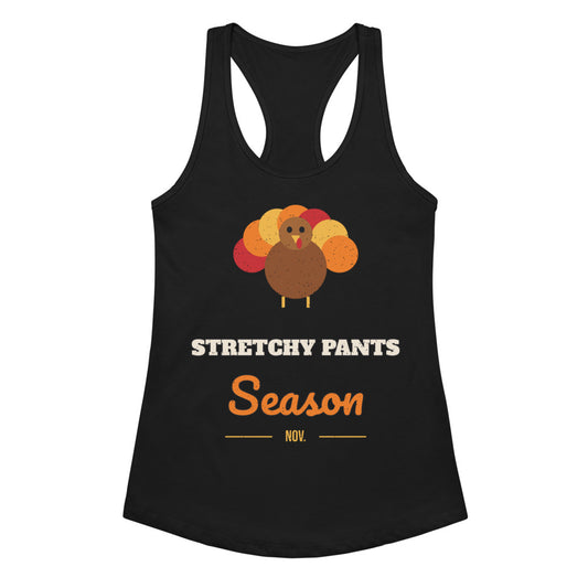 Women's Stretchy Pants Season Racerback Tank in black, design printed on the front, front view