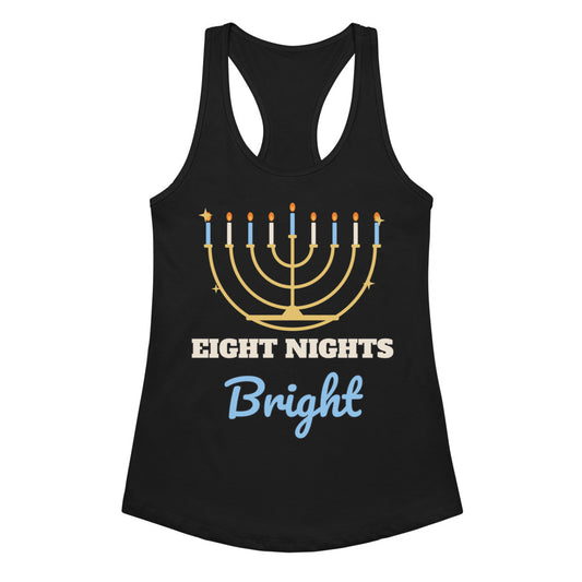 Women's Eight Nights Bright Racerback Tank in black, design printed on the front, front view