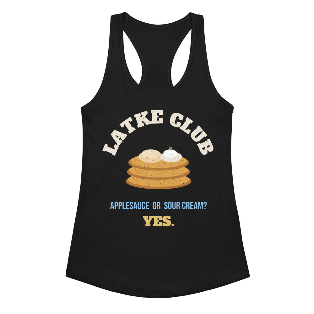 Women's Latke Club Racerback Tank in black, design printed on the front, front view