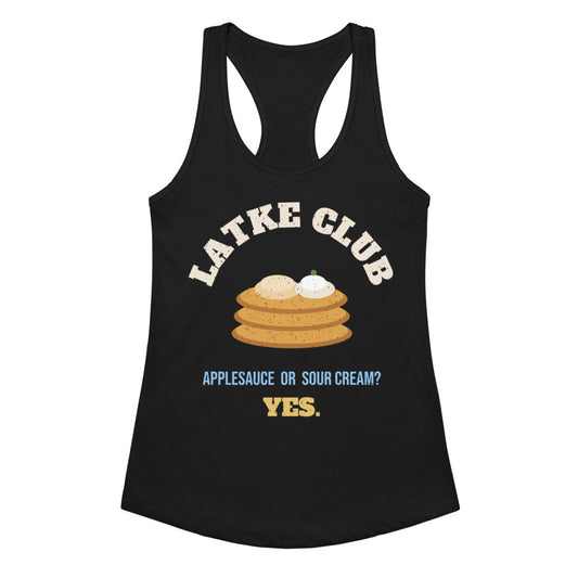 Women's Latke Club Racerback Tank in black, design printed on the front, front view