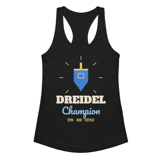 Women's Dreidel Champion Racerback Tank in black, design printed on the front, front view