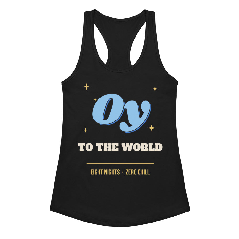 Women's Oy to the World Racerback Tank in black, design printed on the front, front view
