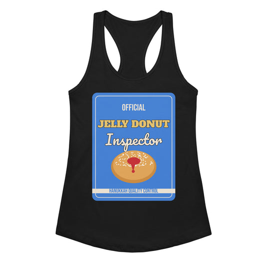 Women's Jelly Donut Inspector Racerback Tank in black, design printed on the front, front view