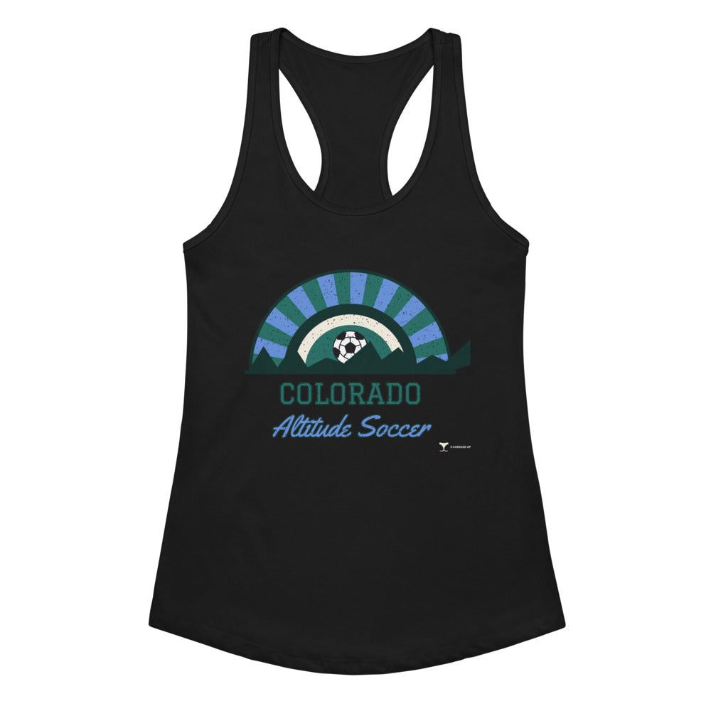 Women's Colorado Altitude Soccer Racerback Tank in black, design printed on the front, front view