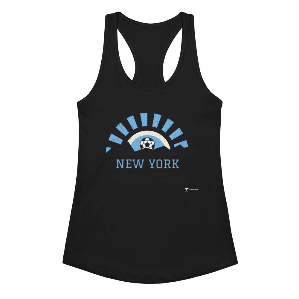 Women's New York Big Pitch Energy Racerback Tank in black, design printed on the front, front view