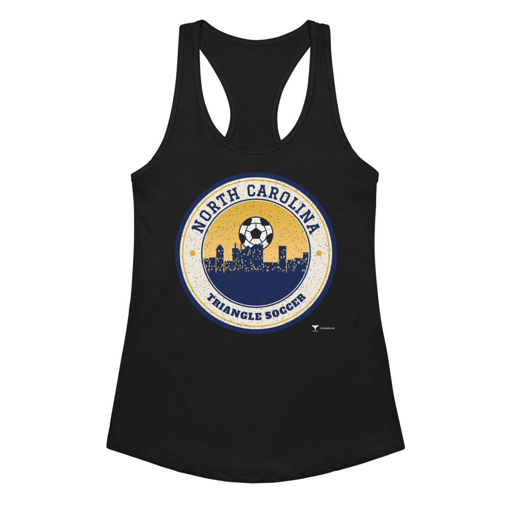 Women's North Carolina Triangle Soccer Racerback Tank in black, design printed on the front, front view