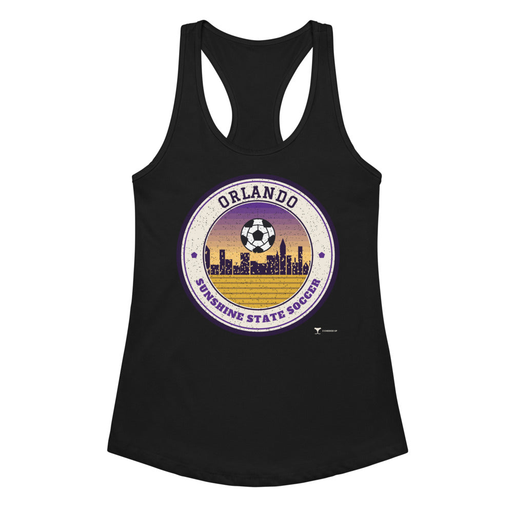 Women's Orlando Sunshine State Soccer Racerback Tank in black, design printed on the front, front view