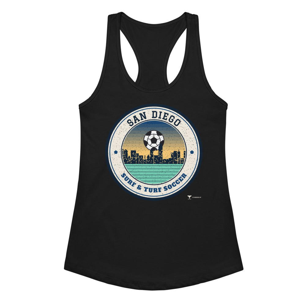 Women's San Diego Surf & Turf Soccer Racerback Tank in black, design printed on the front, front view