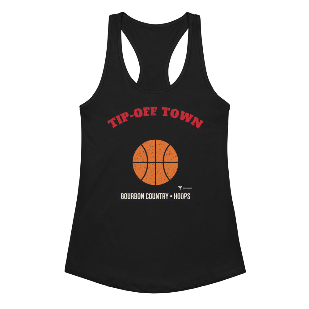 Women's Bourbon Country Tip-Off Town Racerback Tank in black, design printed on the front, front view