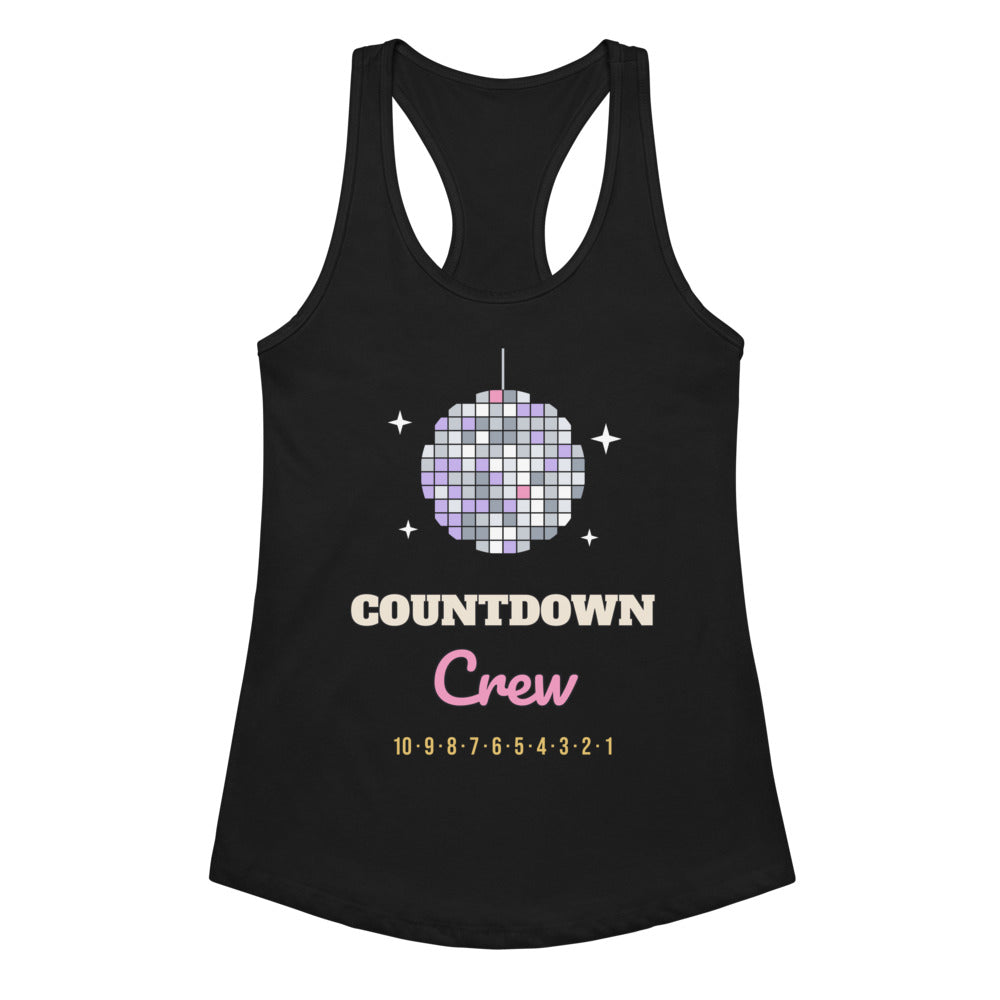 Women's Countdown Crew Racerback Tank in black, design printed on the front, front view