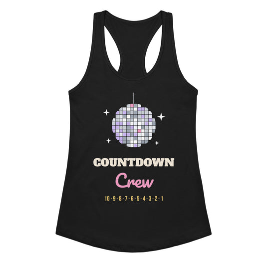 Women's Countdown Crew Racerback Tank in black, design printed on the front, front view