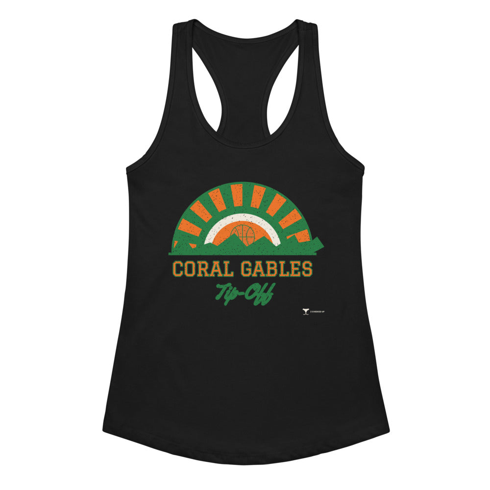 Women's Coral Gables Tip-Off Racerback Tank in black, design printed on the front, front view