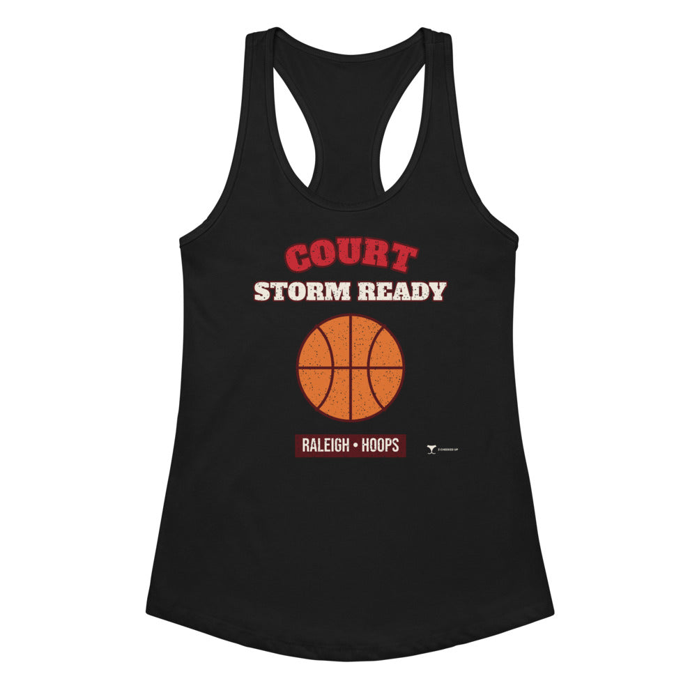 Women's Raleigh Court Storm Ready Racerback Tank in black, design printed on the front, front view