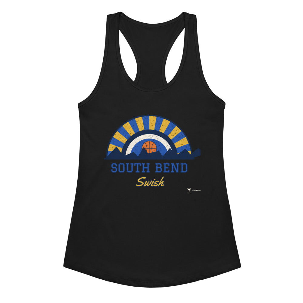 Women's South Bend Swish Racerback Tank in black, design printed on the front, front view