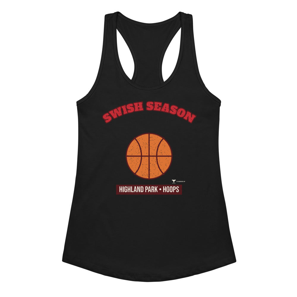 Women's Highland Park Swish Season Racerback Tank in black, design printed on the front, front view