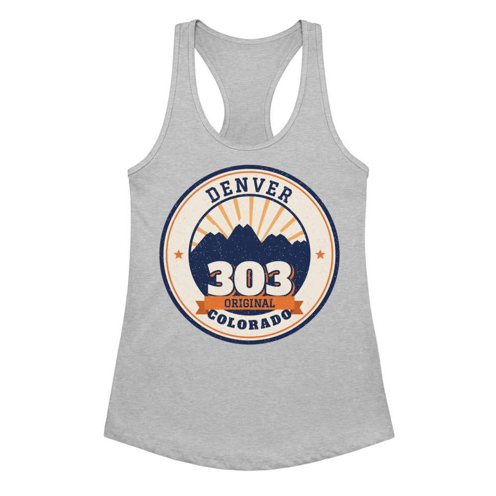 Women's 303 Original Denver Racerback Tank in heather gray, front view