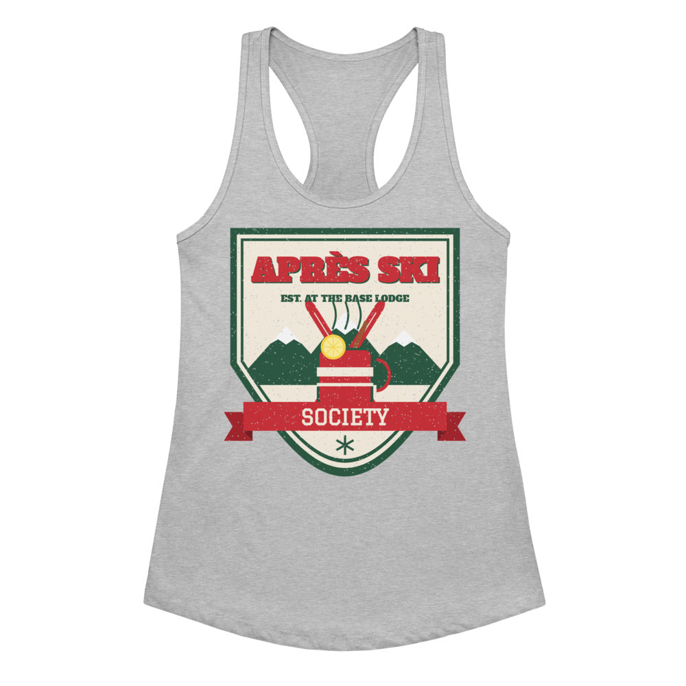 Women's Après Ski Society Racerback Tank in heather gray, front view