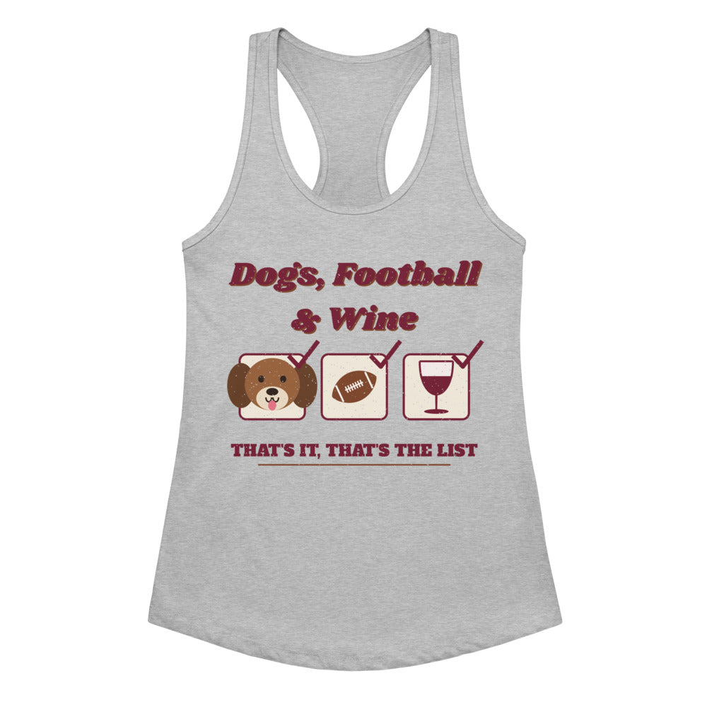 Women's Dog Mom Football & Wine List Racerback Tank in heather gray, front view