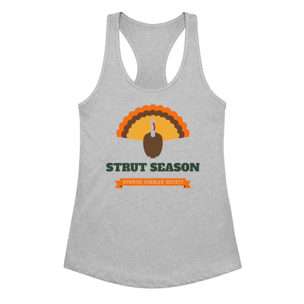 Women's Strut Season Gobbler Society Racerback Tank in heather gray, design printed on the front, front view
