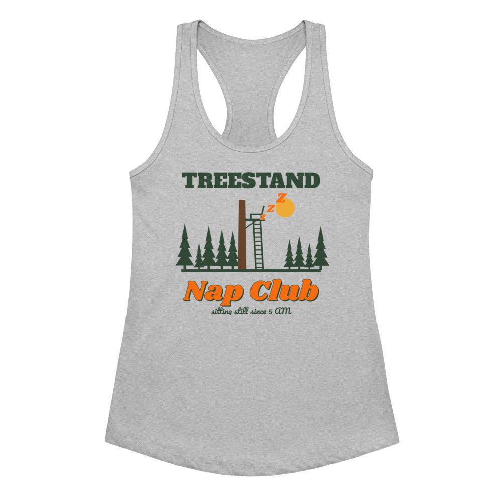 Women's Treestand Nap Club Racerback Tank in heather gray, design printed on the front, front view