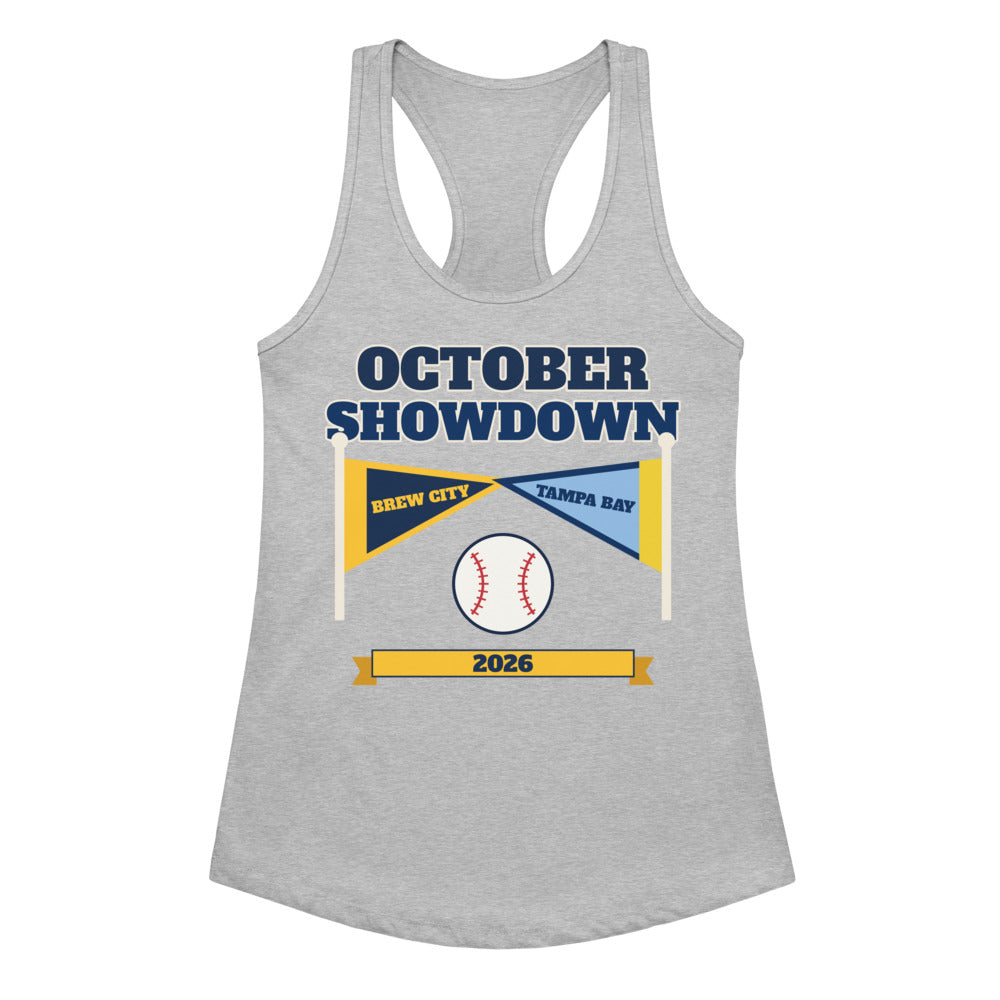 Women's October Showdown 2026 Racerback Tank in heather gray, design printed on the front, front view
