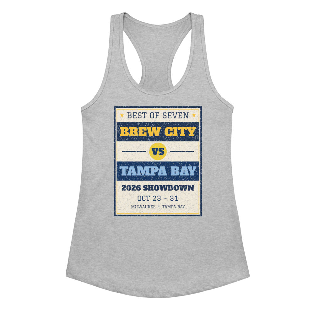 Women's Brew City vs Tampa Bay 2026 Showdown Racerback Tank in heather gray, design printed on the front, front view