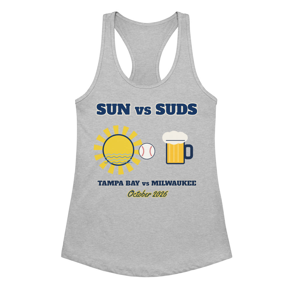 Women's Sun vs Suds Tampa Bay vs Milwaukee Racerback Tank in heather gray, design printed on the front, front view
