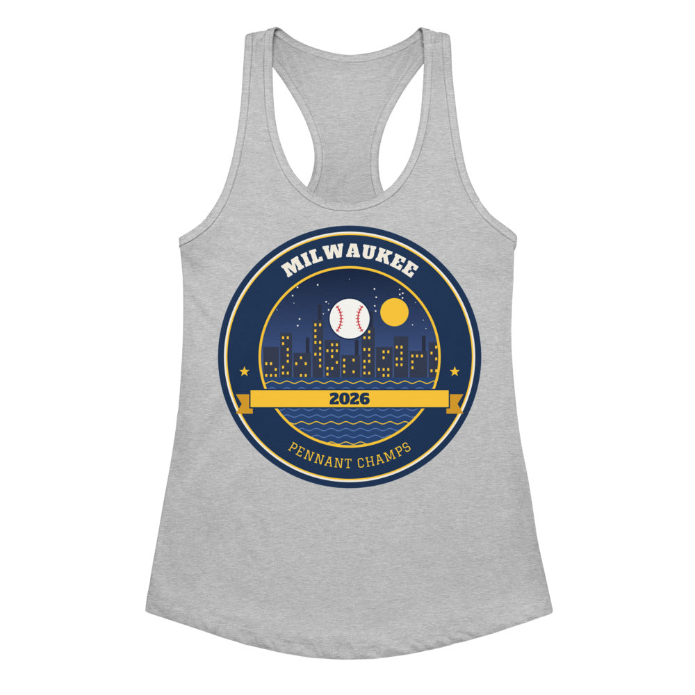 Women's Milwaukee 2026 Pennant Champs Racerback Tank in heather gray, design printed on the front, front view