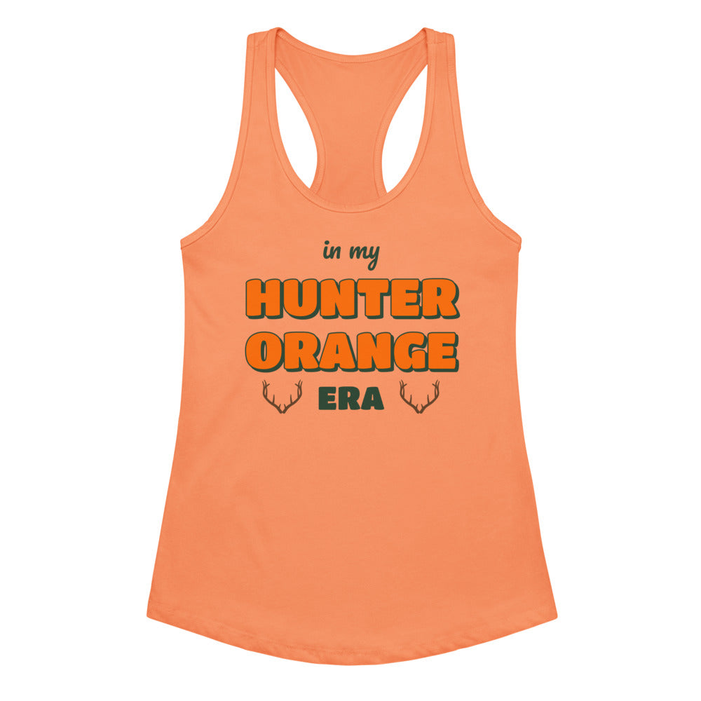 Women's In My Hunter Orange Era Racerback Tank in light orange, design printed on the front, front view