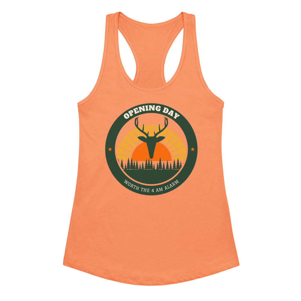 Women's Opening Day Sunrise Racerback Tank in light orange, design printed on the front, front view