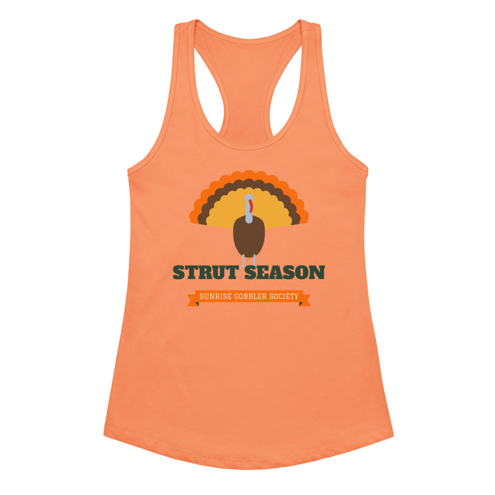 Women's Strut Season Gobbler Society Racerback Tank in light orange, design printed on the front, front view