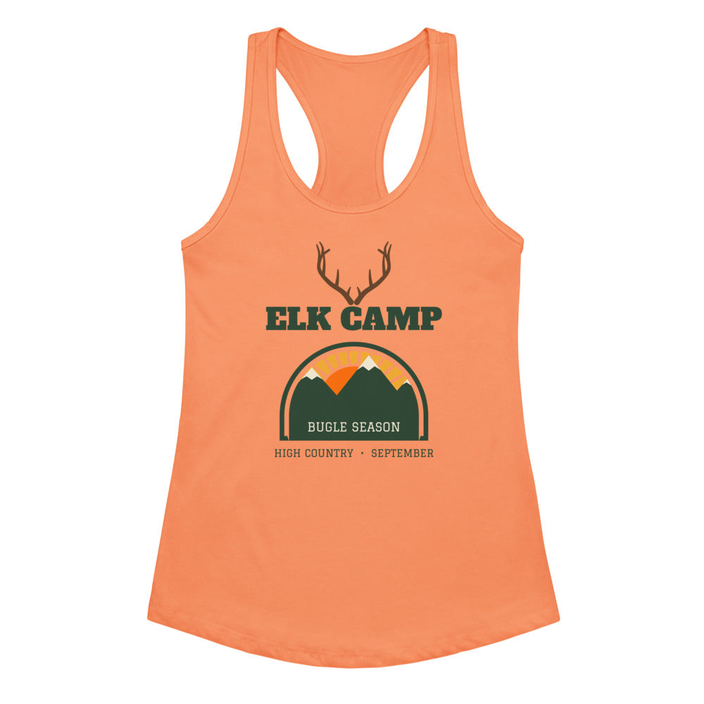 Women's Elk Camp Bugle Season Racerback Tank in light orange, design printed on the front, front view