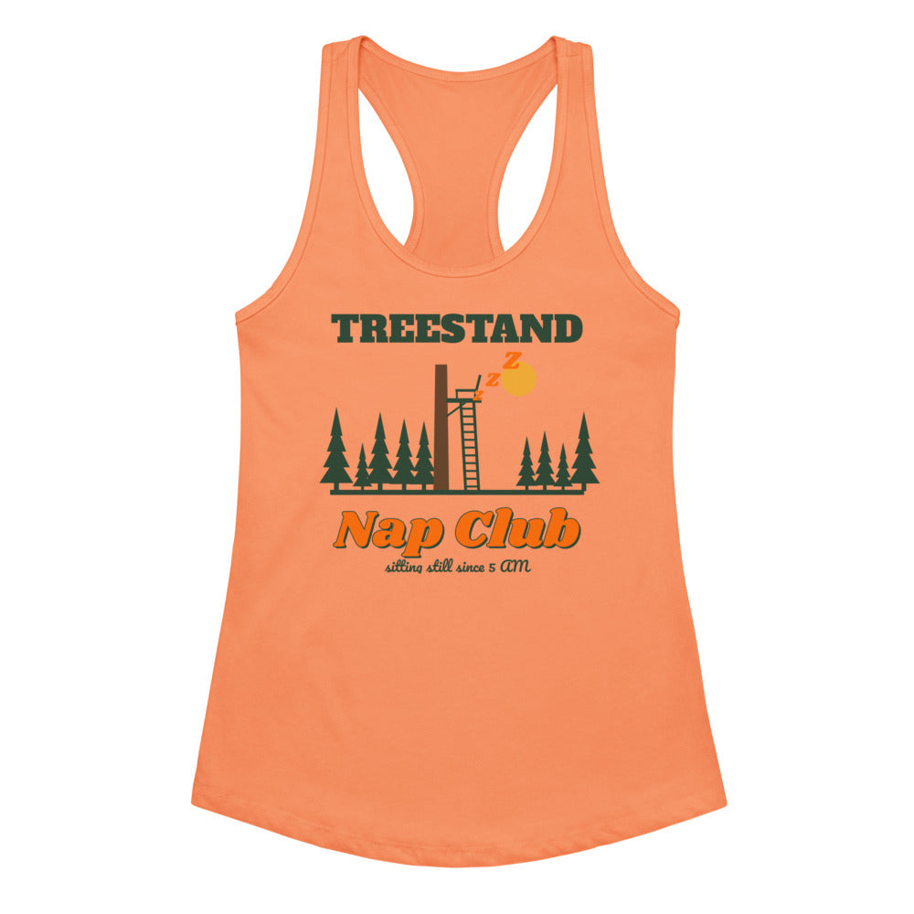 Women's Treestand Nap Club Racerback Tank in light orange, design printed on the front, front view