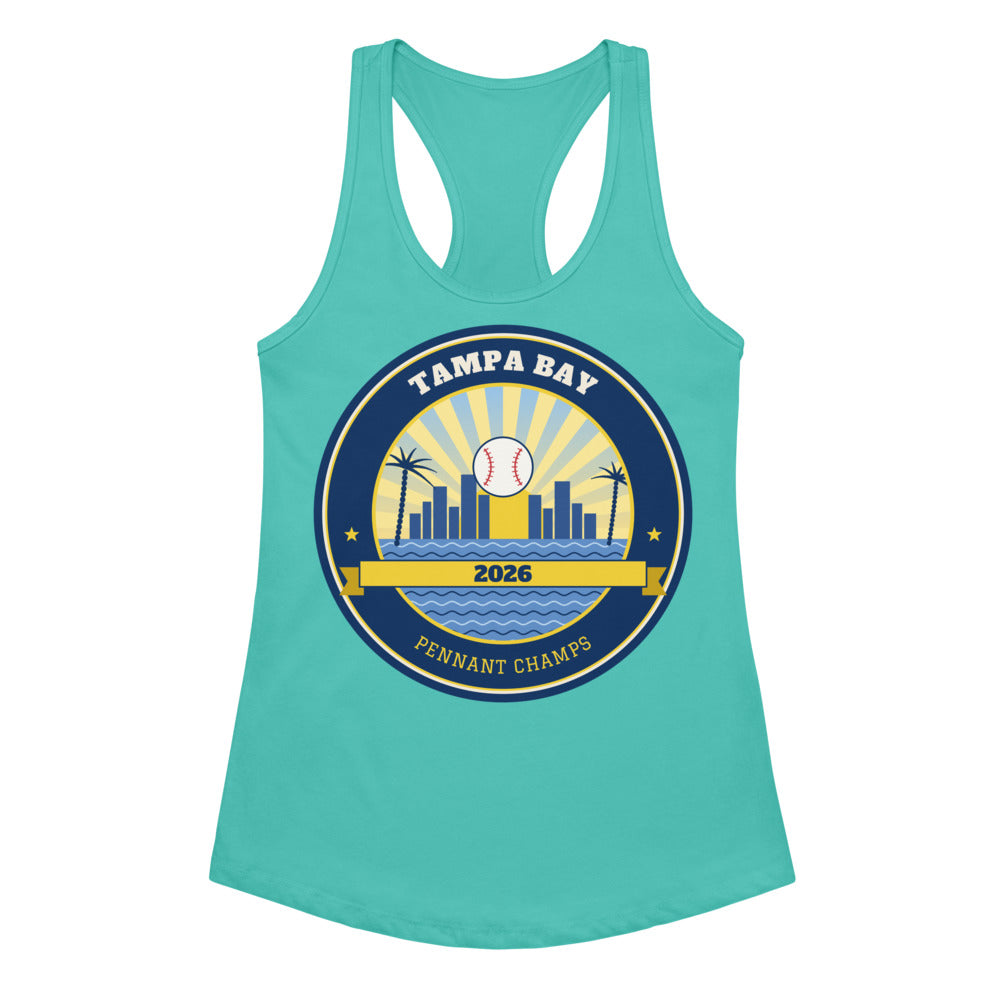 Women's Tampa Bay 2026 Pennant Champs Racerback Tank in tahiti blue, design printed on the front, front view