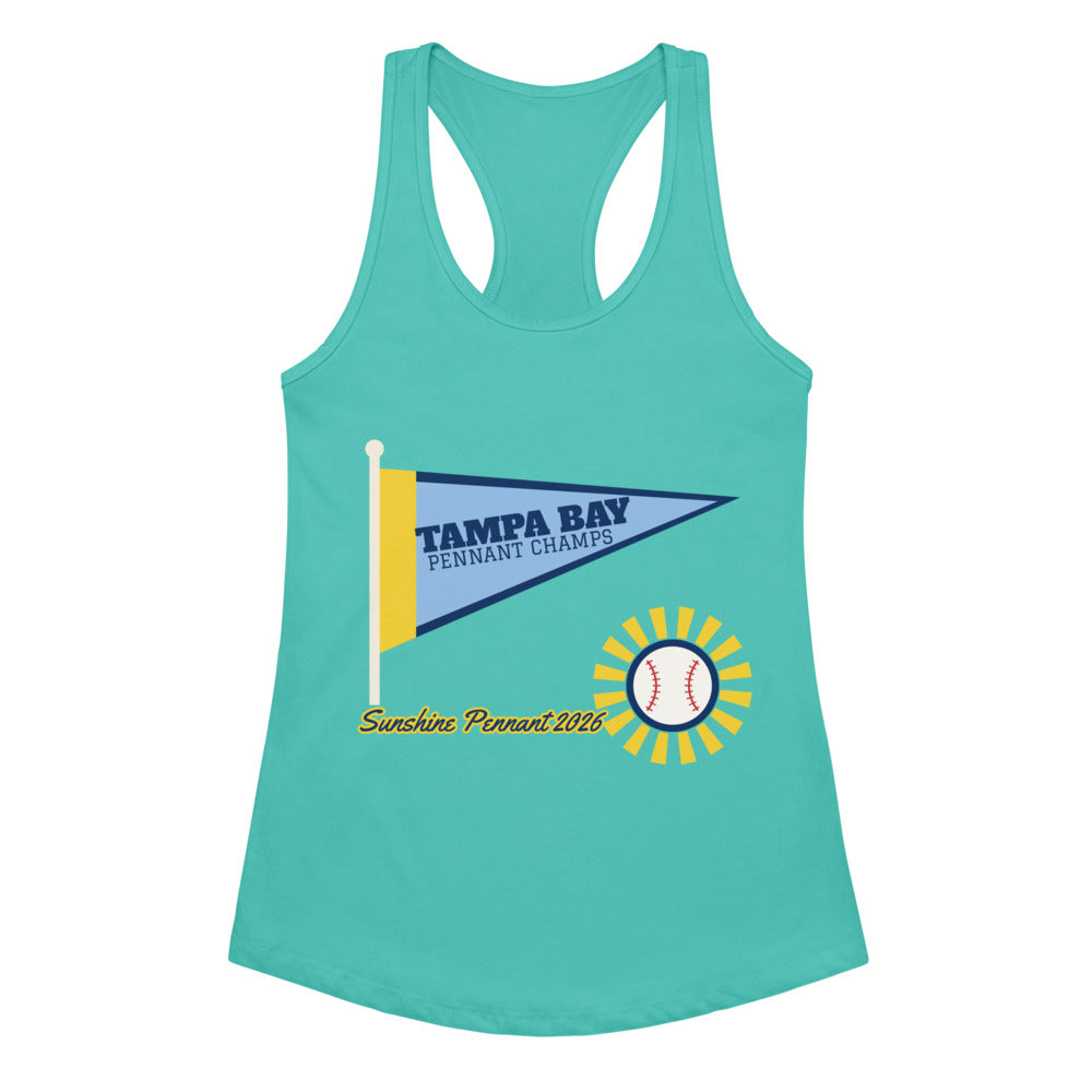 Women's Tampa Bay Sunshine Pennant 2026 Racerback Tank in tahiti blue, design printed on the front, front view