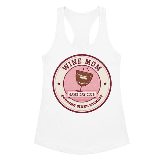 Women's Wine Mom Game Day Club Racerback Tank in white, front view