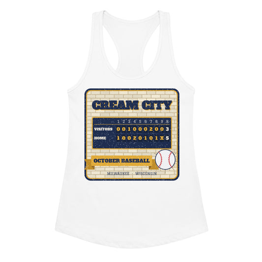 Women's Cream City October Baseball Racerback Tank in white, front view