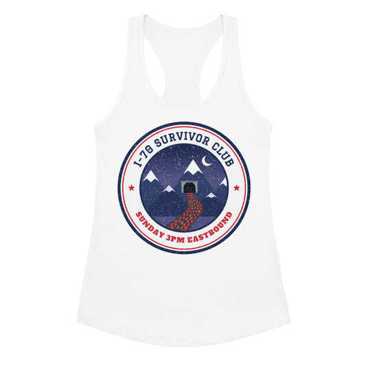 Women's I-70 Survivor Club Racerback Tank in white, front view