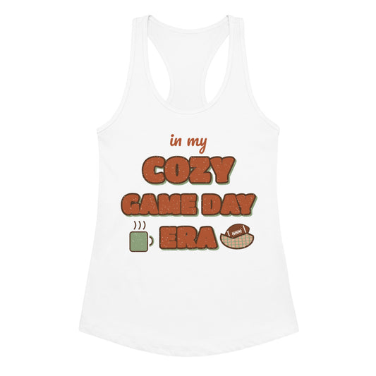 Women's In My Cozy Game Day Era Racerback Tank in white, front view