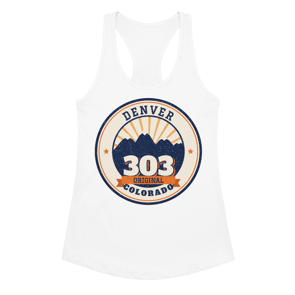 Women's 303 Original Denver Racerback Tank in white, front view