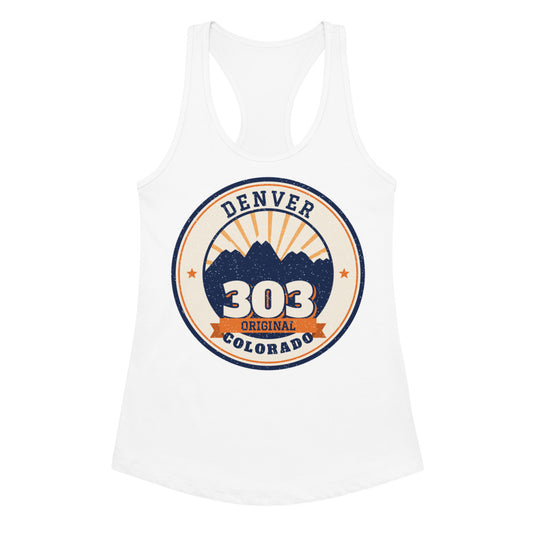 Women's 303 Original Denver Racerback Tank in white, front view