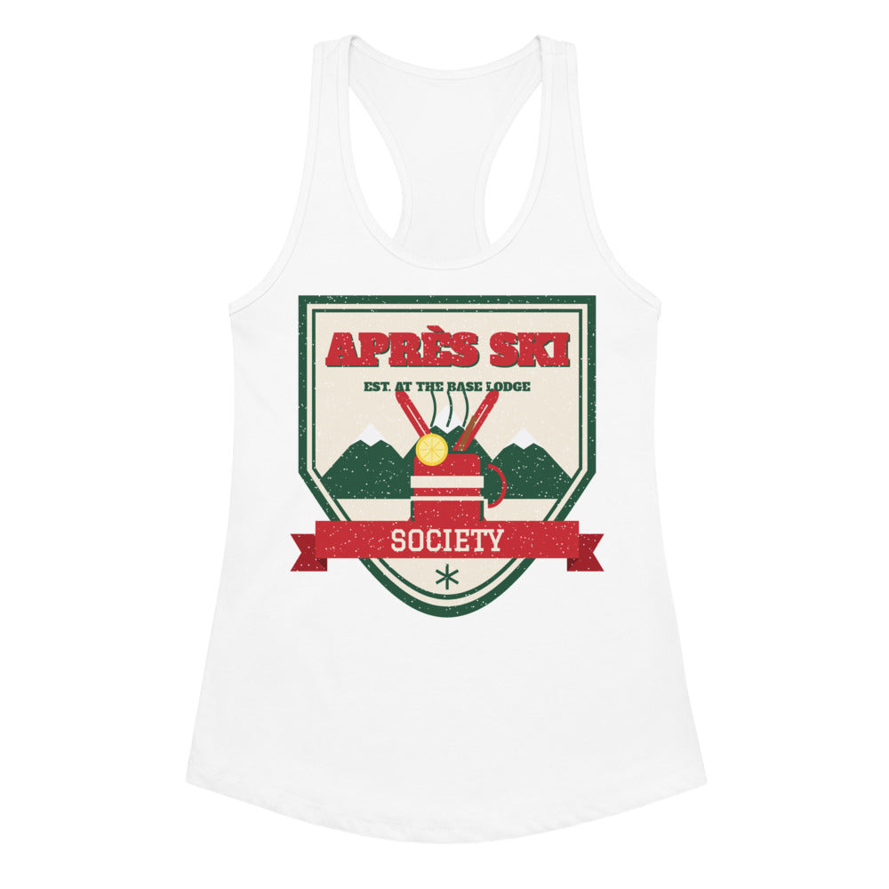 Women's Après Ski Society Racerback Tank in white, front view