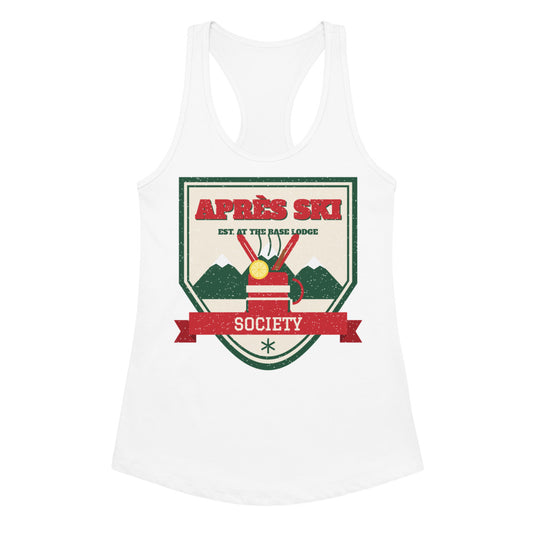 Women's Après Ski Society Racerback Tank in white, front view
