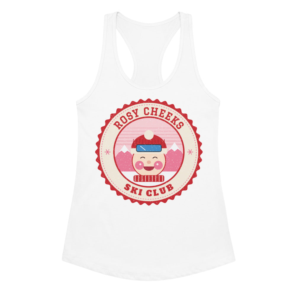 Women's Rosy Cheeks Ski Club Racerback Tank in white, front view
