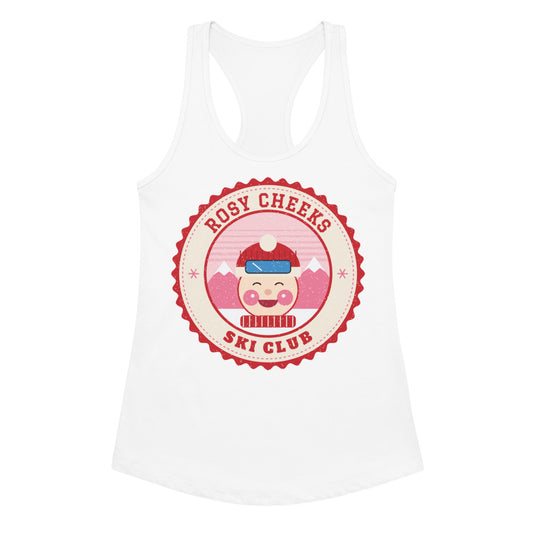 Women's Rosy Cheeks Ski Club Racerback Tank in white, front view