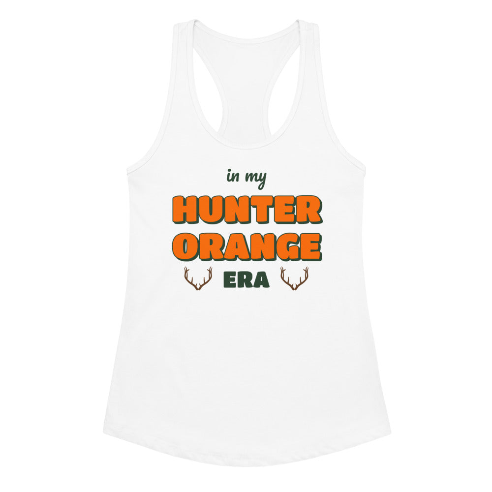Women's In My Hunter Orange Era Racerback Tank in white, design printed on the front, front view
